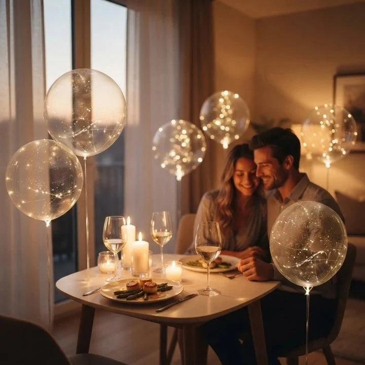 Clear balloons with warm white lights arranged along a garden path and event table