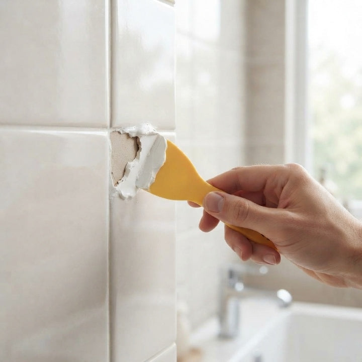 White ceramic tile repair paste tube with yellow spatula, nozzle and sanding sheets