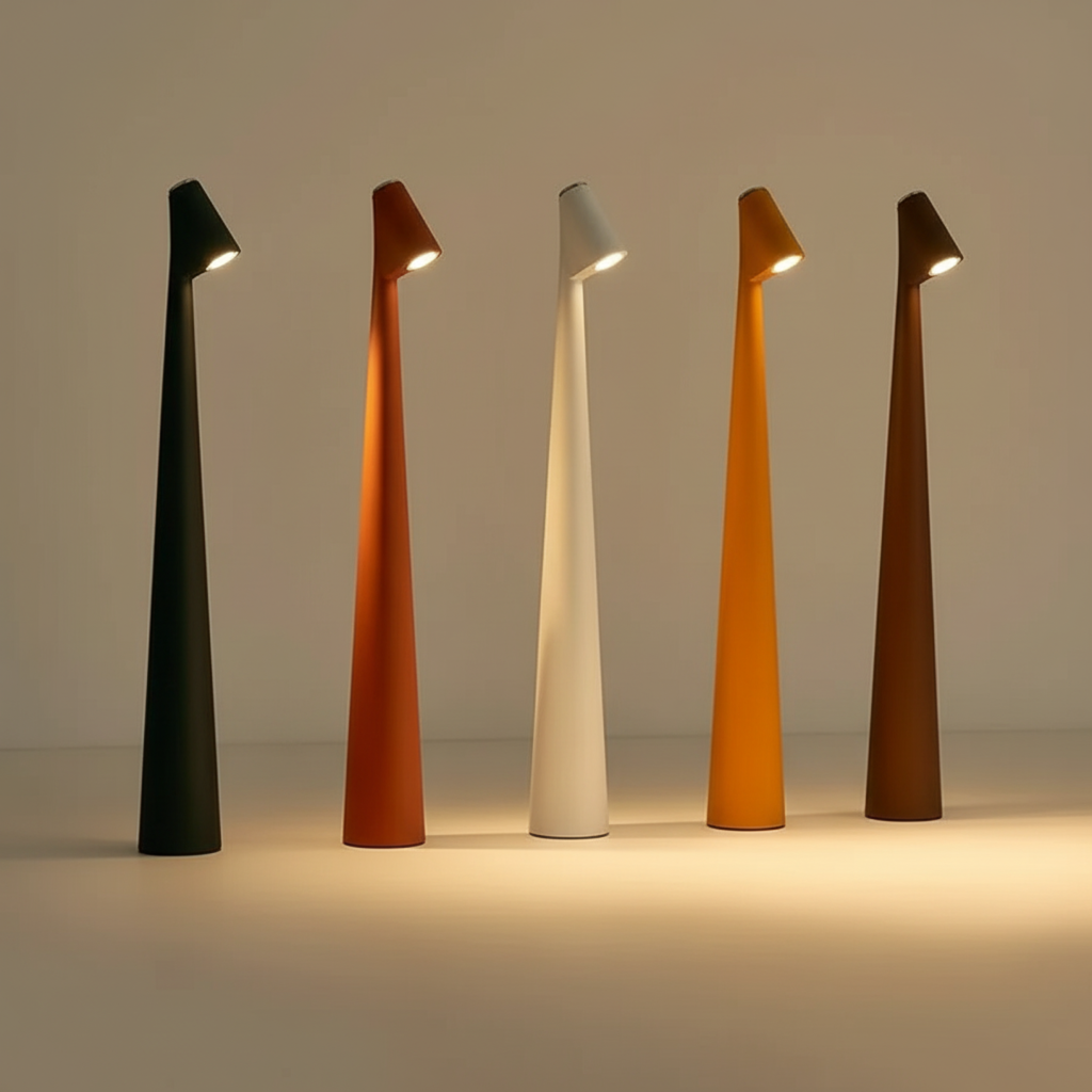 Cordless conical LED table lamp with angled light head