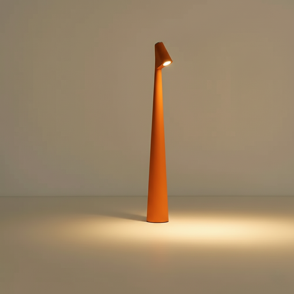 Cordless conical LED table lamp with angled light head