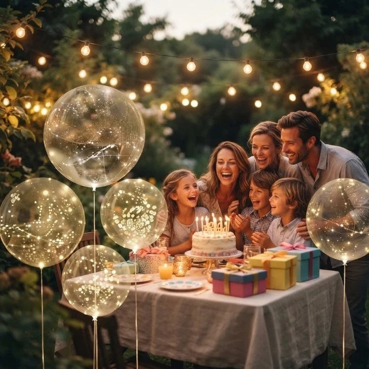 Clear balloons with warm white lights arranged along a garden path and event table