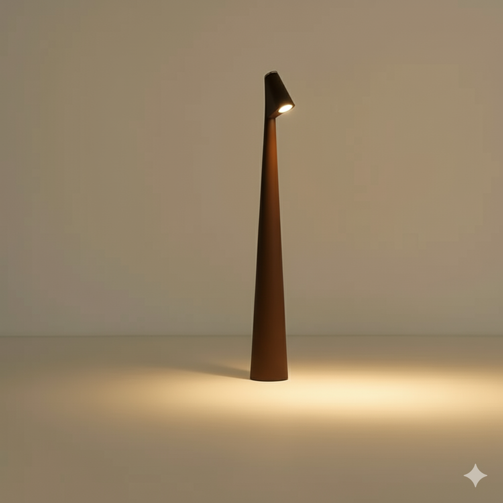 Cordless conical LED table lamp with angled light head