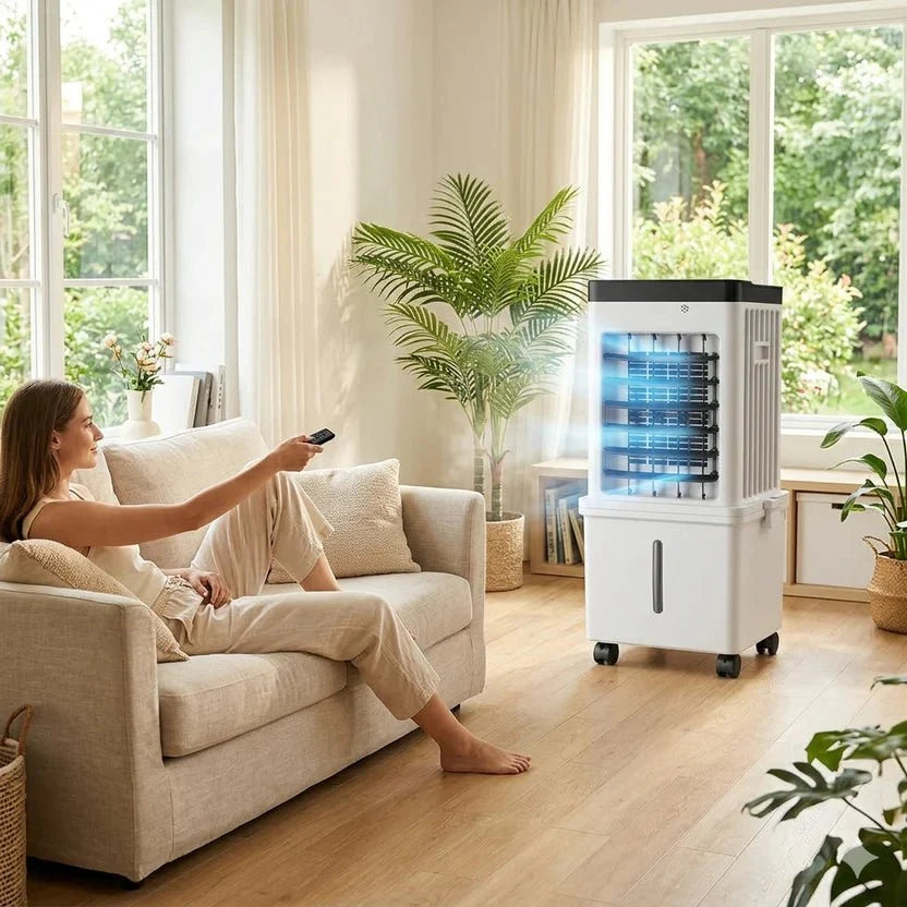 White portable 3-in-1 air cooler with fan and humidification functions on castor wheels