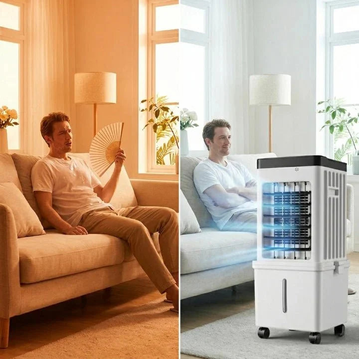 White portable 3-in-1 air cooler with fan and humidification functions on castor wheels