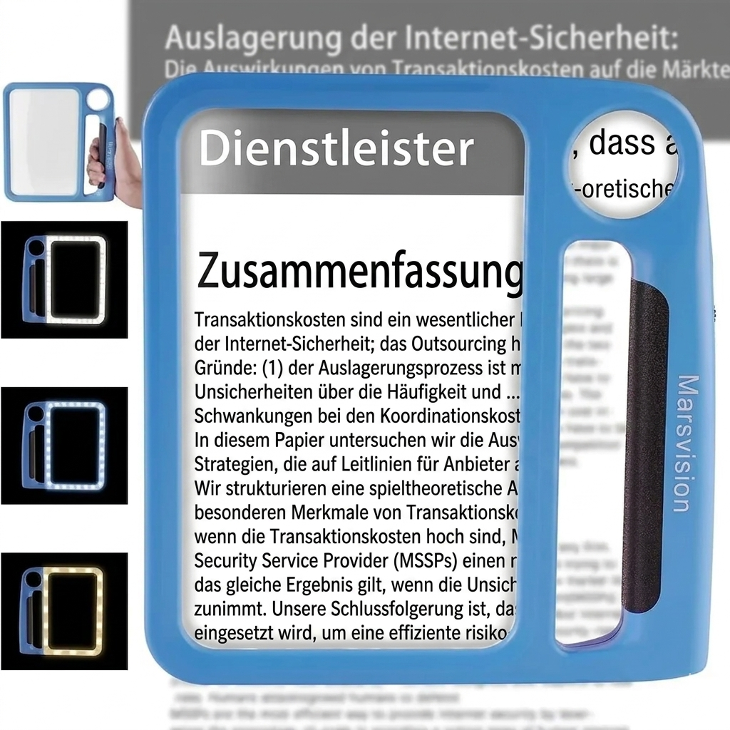 Handheld LED magnifying glass with large rectangular lens, circular lens and integrated handle