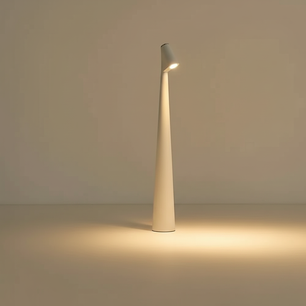 Cordless conical LED table lamp with angled light head