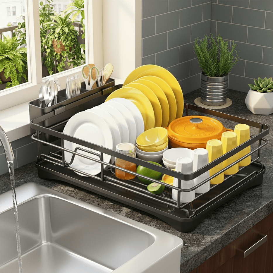 Black dish drying rack with drip tray beside a kitchen sink