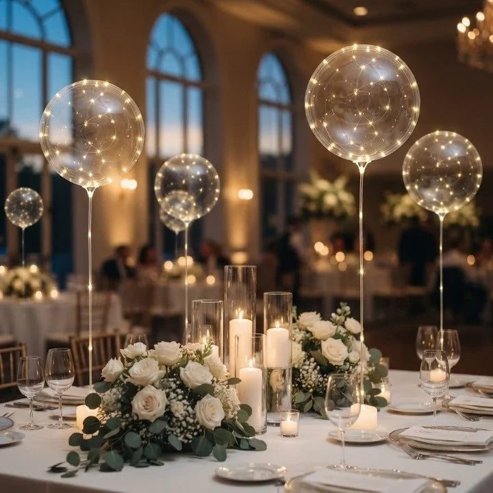 Clear balloons with warm white lights arranged along a garden path and event table