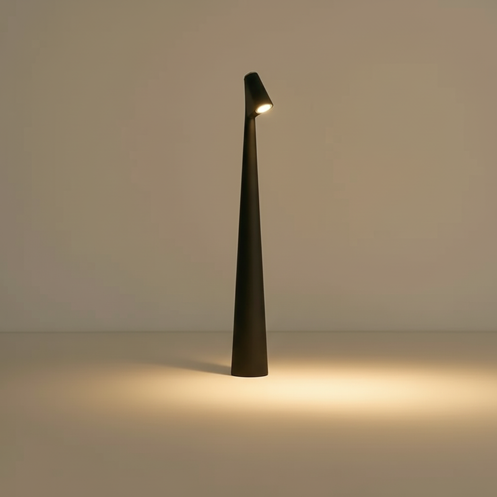 Cordless conical LED table lamp with angled light head