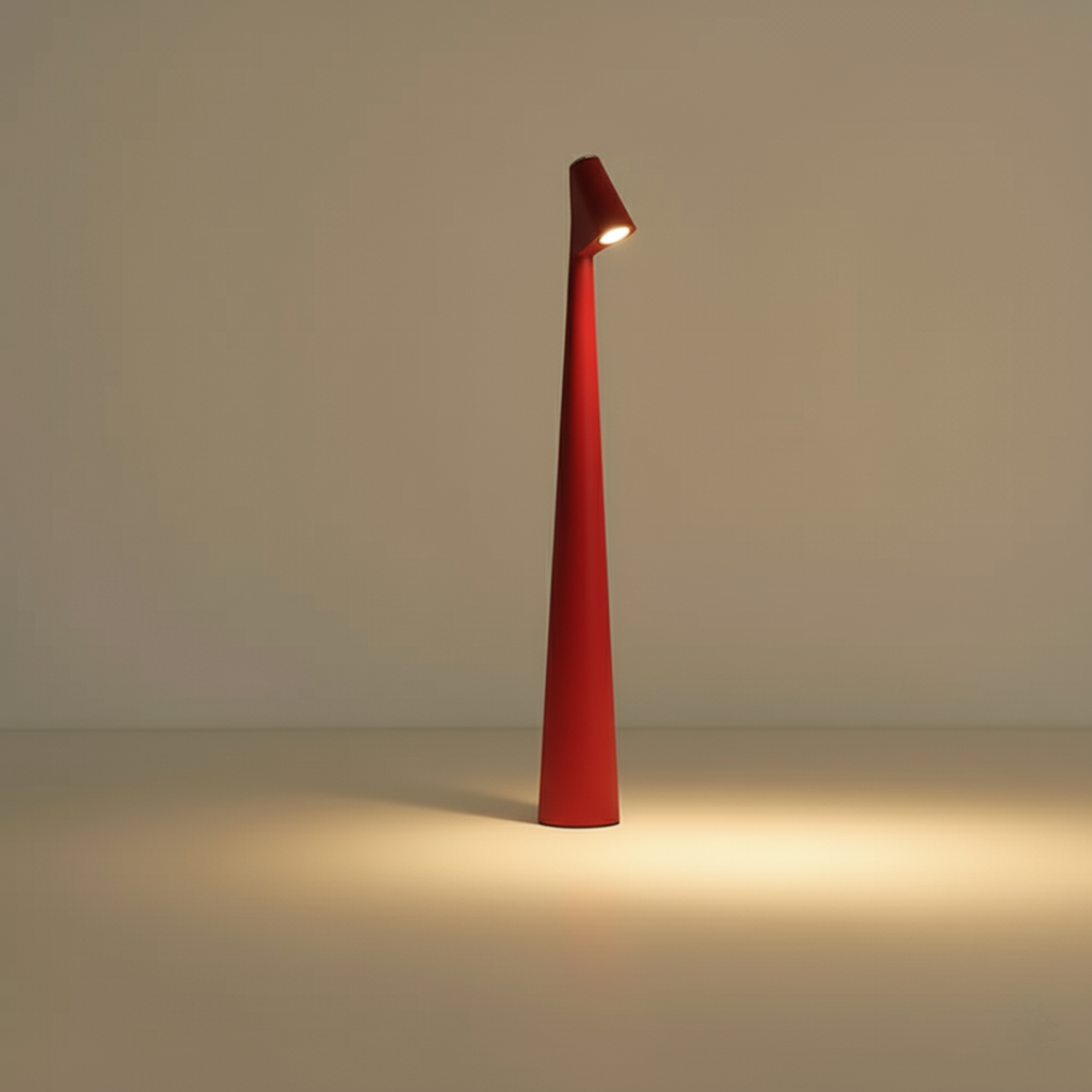 Cordless conical LED table lamp with angled light head