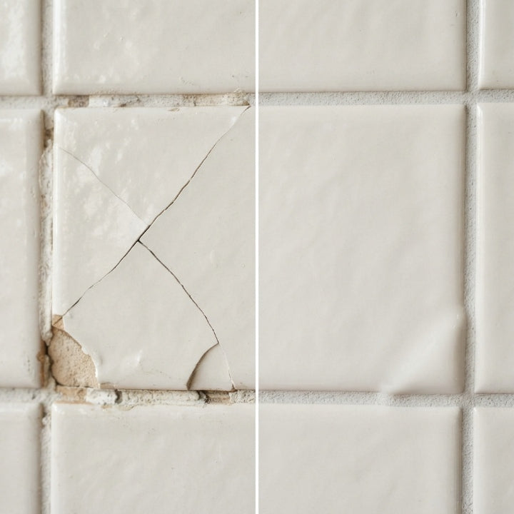 White ceramic tile repair paste tube with yellow spatula, nozzle and sanding sheets
