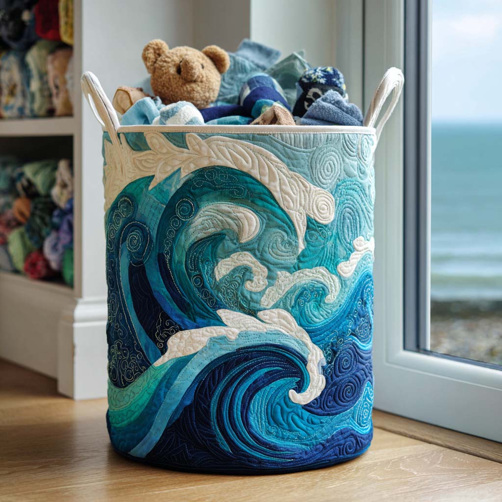 Blue quilted laundry basket with handles and wave pattern