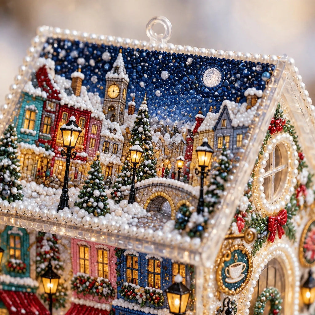 Glimrow - Festive Diamond Painting Kit With Lights Decorating A Windowsill Or Mantel After Dark