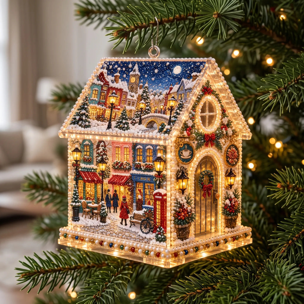 Glimrow - Festive Diamond Painting Kit With Lights Decorating A Windowsill Or Mantel After Dark