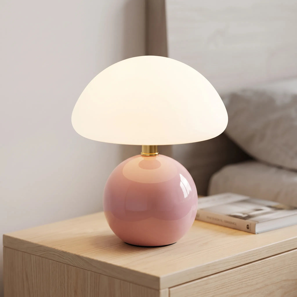 Glowveil - Compact Mushroom Shaped Table Lamp Lighting Up A Bedside Table At Night