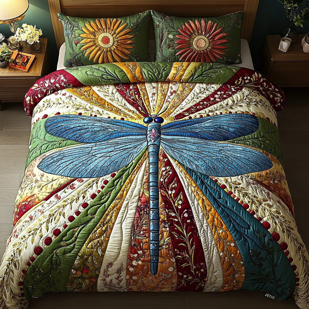 Quilted three-piece bedding set with blue dragonfly and floral pattern