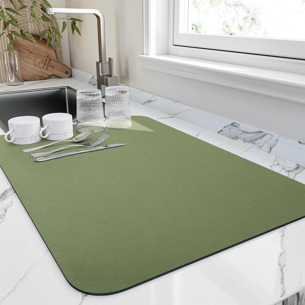 Rectangular textured kitchen mat with rounded corners and dark edging