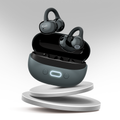 True wireless earbuds with open ear hooks and matching charging case