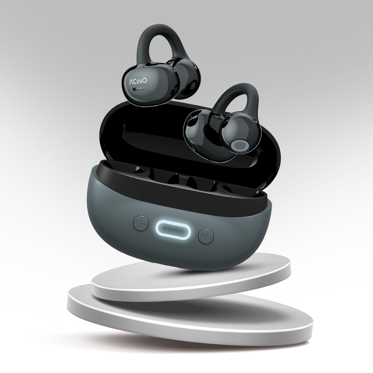 True wireless earbuds with open ear hooks and matching charging case