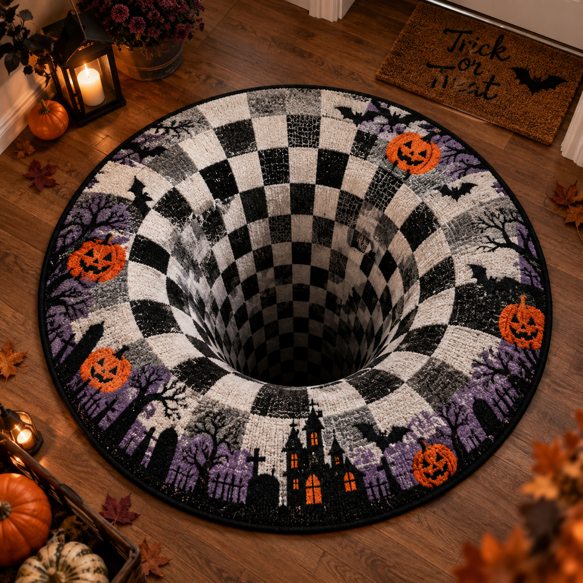 Round Halloween rug with a 3D vortex illusion, pumpkins, bats and seasonal designs