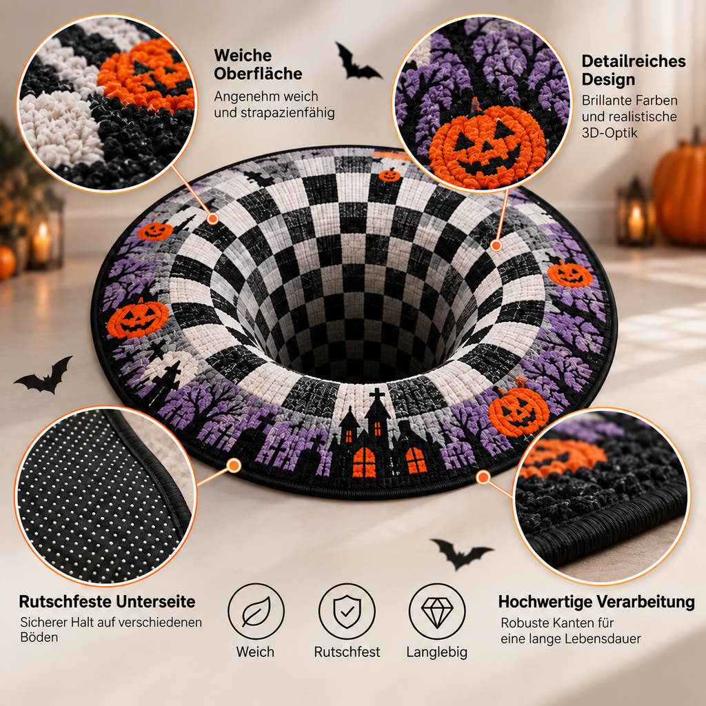 Round Halloween rug with a 3D vortex illusion, pumpkins, bats and seasonal designs