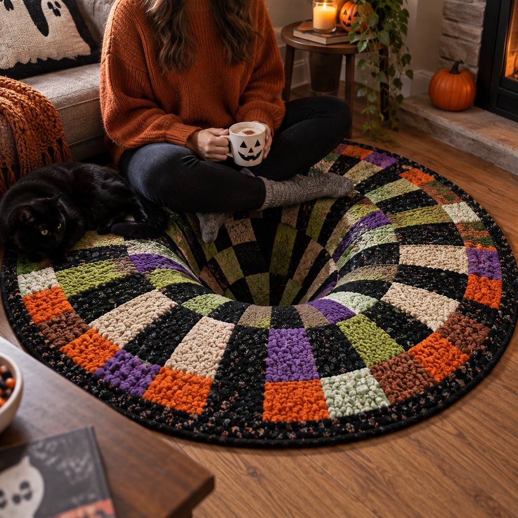 Round Halloween rug with a 3D vortex illusion, pumpkins, bats and seasonal designs