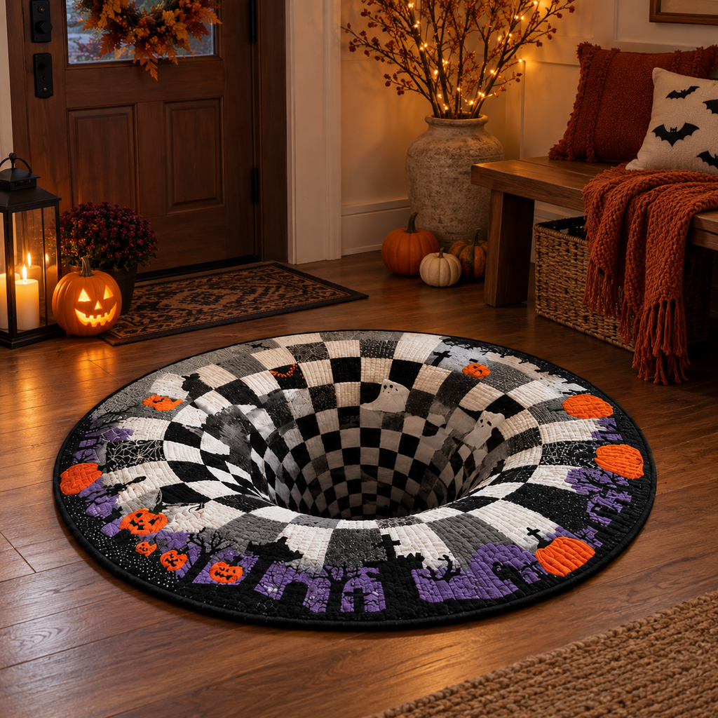Round Halloween rug with a 3D vortex illusion, pumpkins, bats and seasonal designs