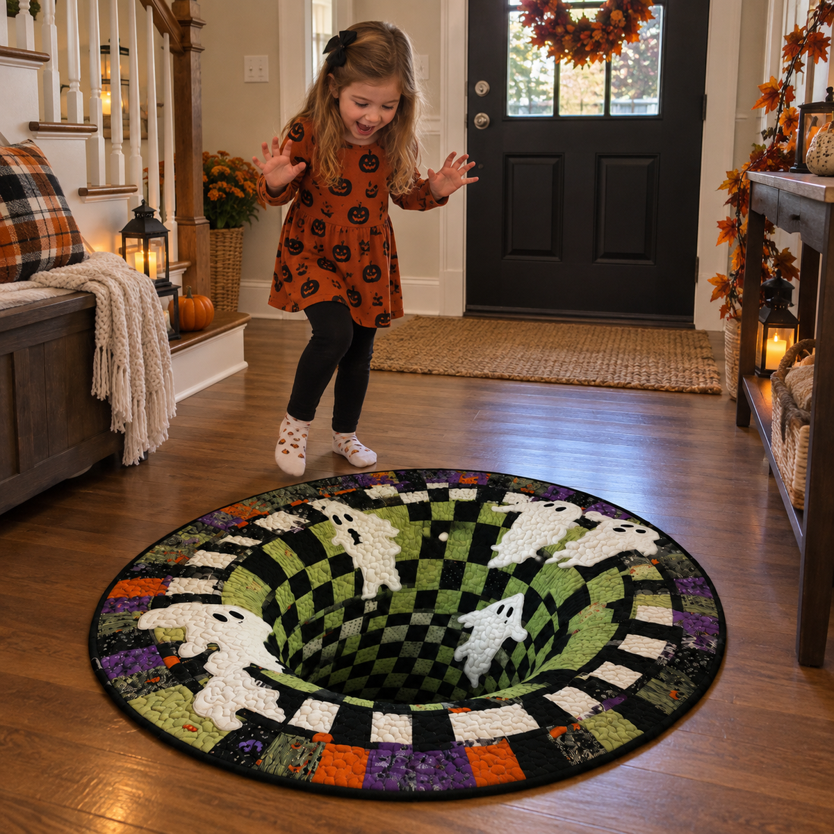 Round Halloween rug with a 3D vortex illusion, pumpkins, bats and seasonal designs