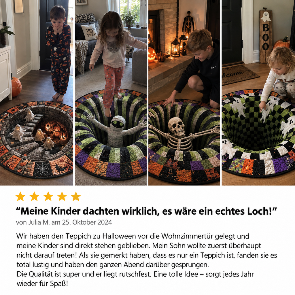 Round Halloween rug with a 3D vortex illusion, pumpkins, bats and seasonal designs