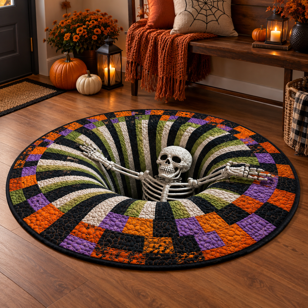 Round Halloween rug with a 3D vortex illusion, pumpkins, bats and seasonal designs