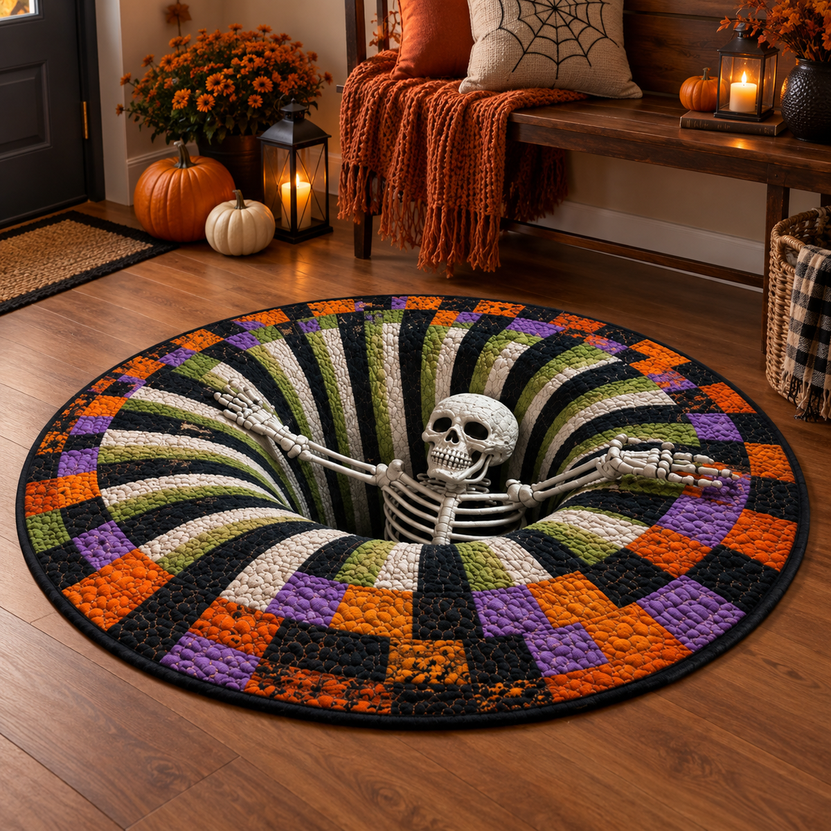Round Halloween rug with a 3D vortex illusion, pumpkins, bats and seasonal designs
