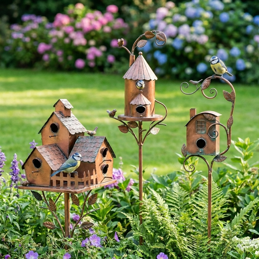 Decorative metal bird house garden stakes with roofs, perches and leaf details