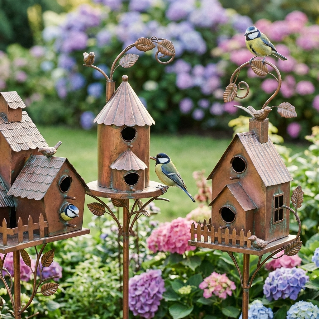 Decorative metal bird house garden stakes with roofs, perches and leaf details