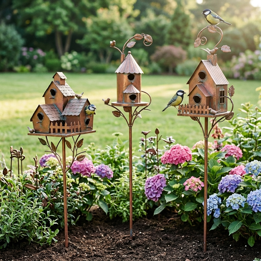 Decorative metal bird house garden stakes with roofs, perches and leaf details