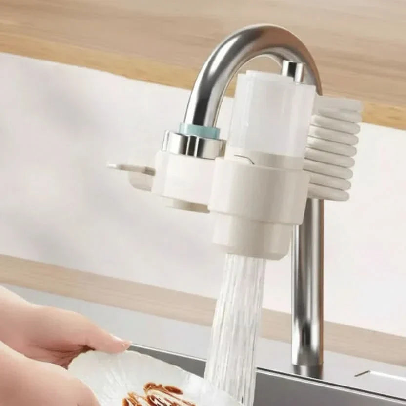 White faucet-mounted soap dispenser with integrated sponge holder