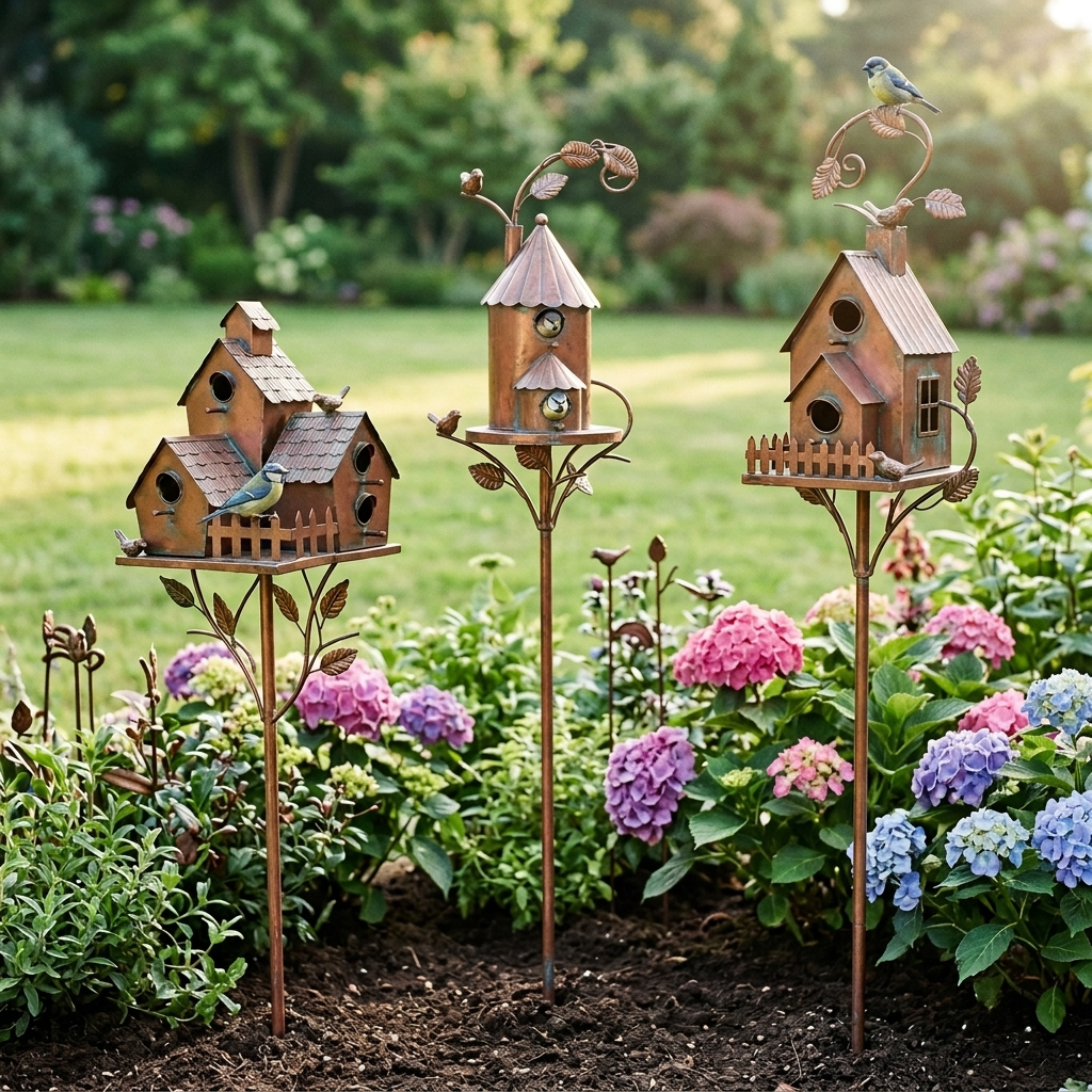 Decorative metal bird house garden stakes with roofs, perches and leaf details