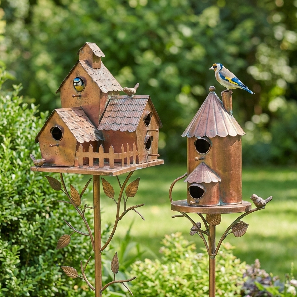 Decorative metal bird house garden stakes with roofs, perches and leaf details