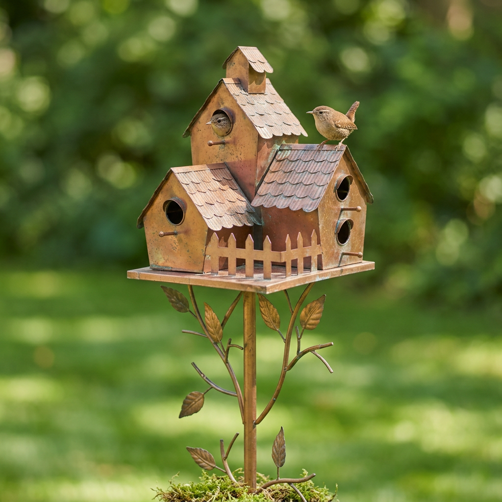 Decorative metal bird house garden stakes with roofs, perches and leaf details
