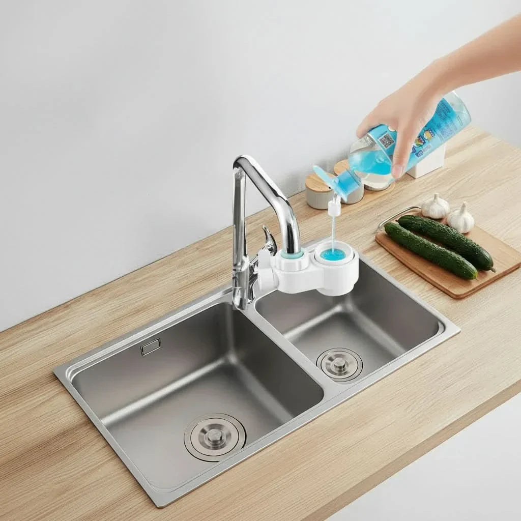 White faucet-mounted soap dispenser with integrated sponge holder