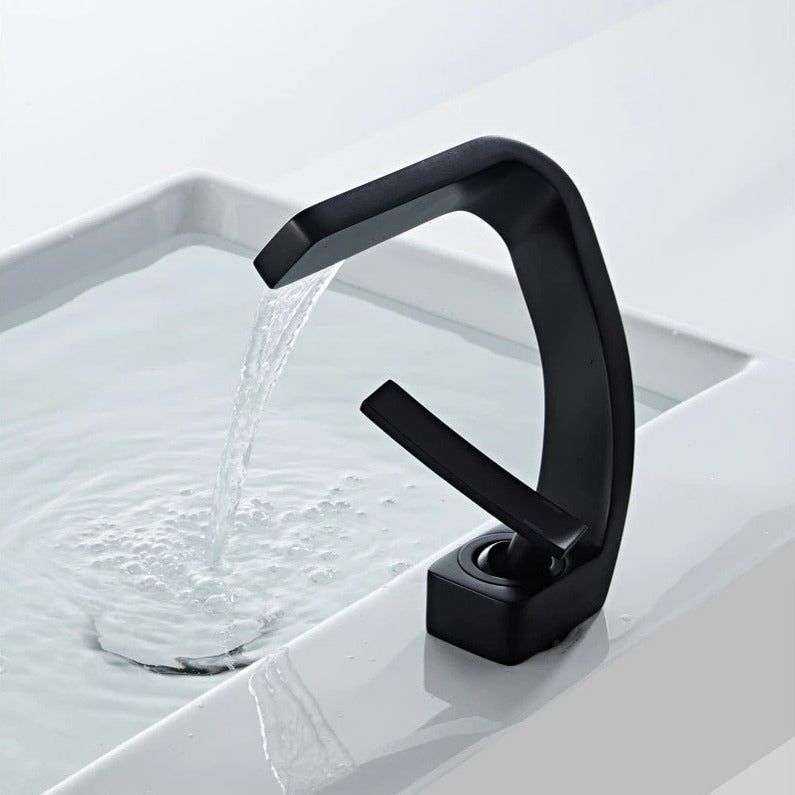 Curved basin mixer tap with rectangular waterfall spout and single lever
