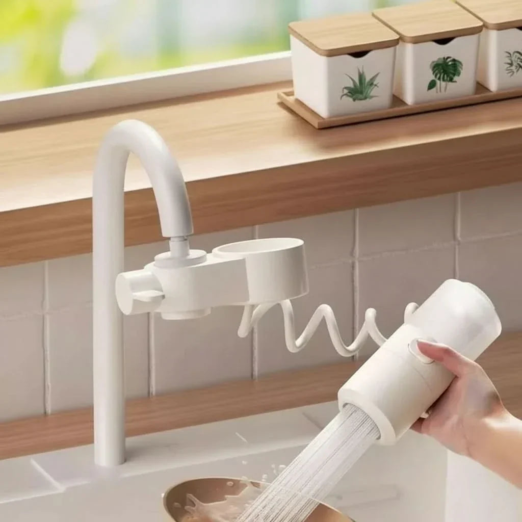 White faucet-mounted soap dispenser with integrated sponge holder