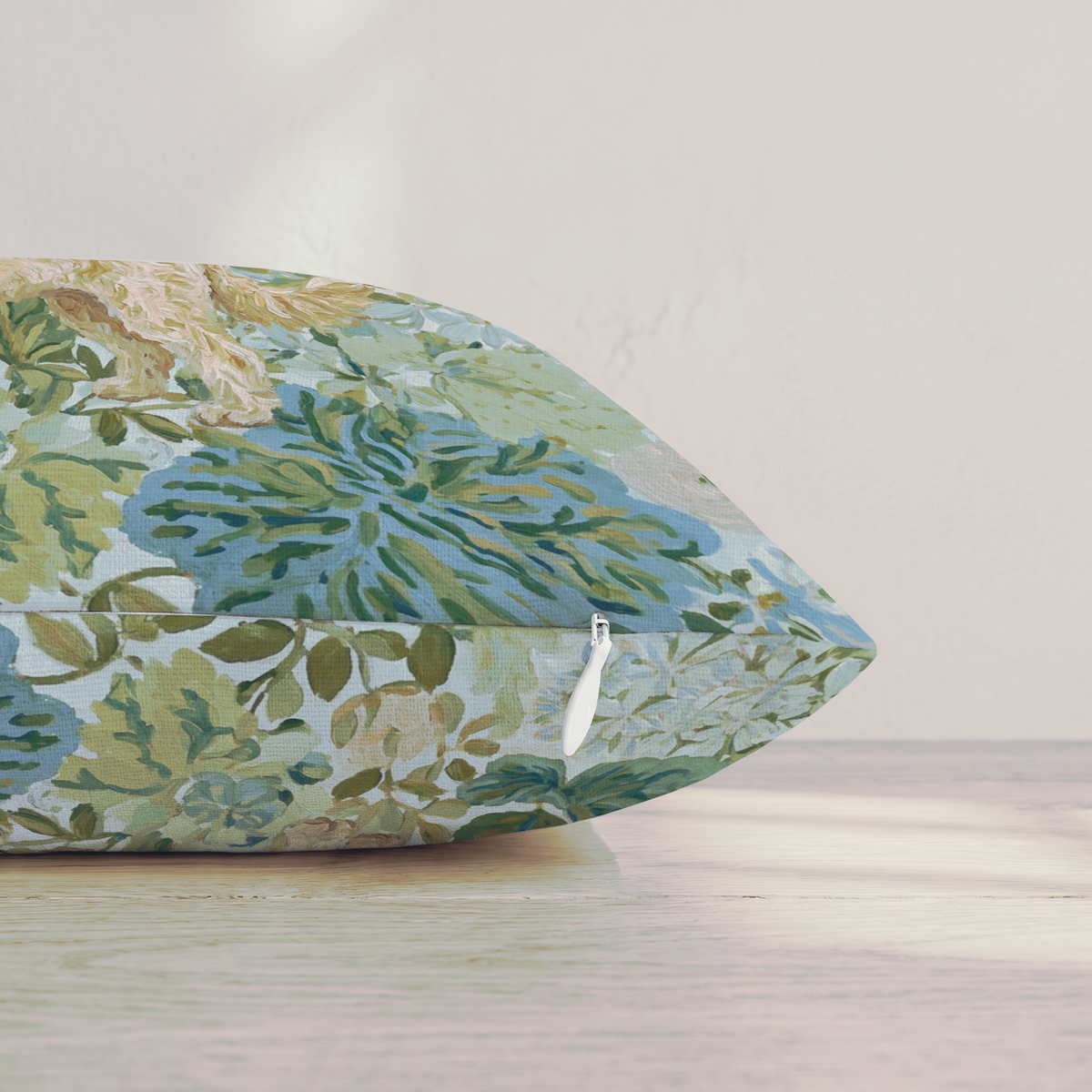 Blue floral throw pillow with a standing dog design and piped trim