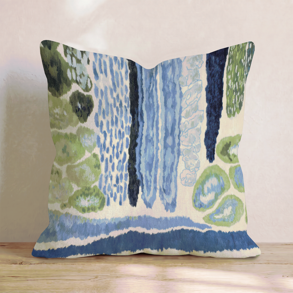 Blue and green abstract square throw pillow with piped edge