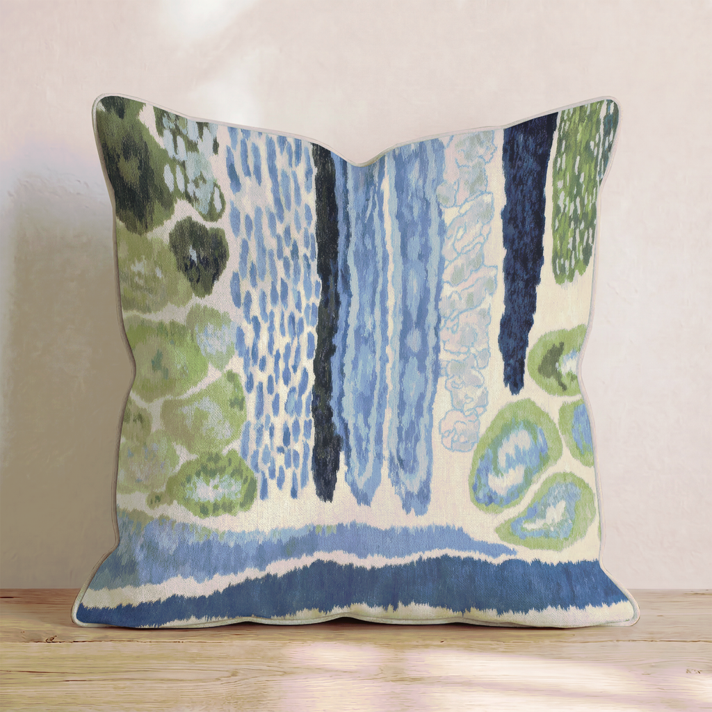 Blue and green abstract square throw pillow with piped edge