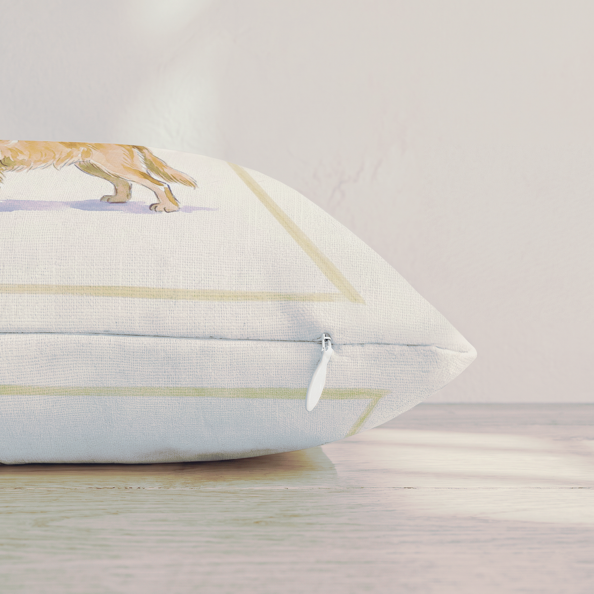 White throw pillow with a golden retriever holding a wine glass