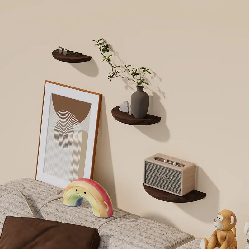 Half-round floating wall shelf with curved front edge and wood-effect finish