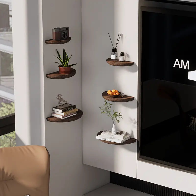 Half-round floating wall shelf with curved front edge and wood-effect finish