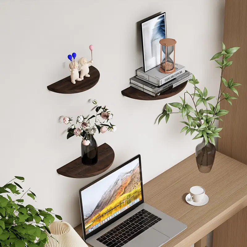 Half-round floating wall shelf with curved front edge and wood-effect finish
