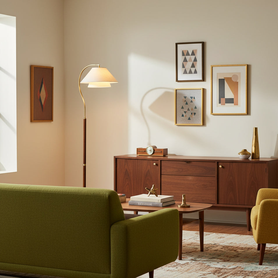 Brown floor lamp with curved arm, beige double shade and gold-tone base