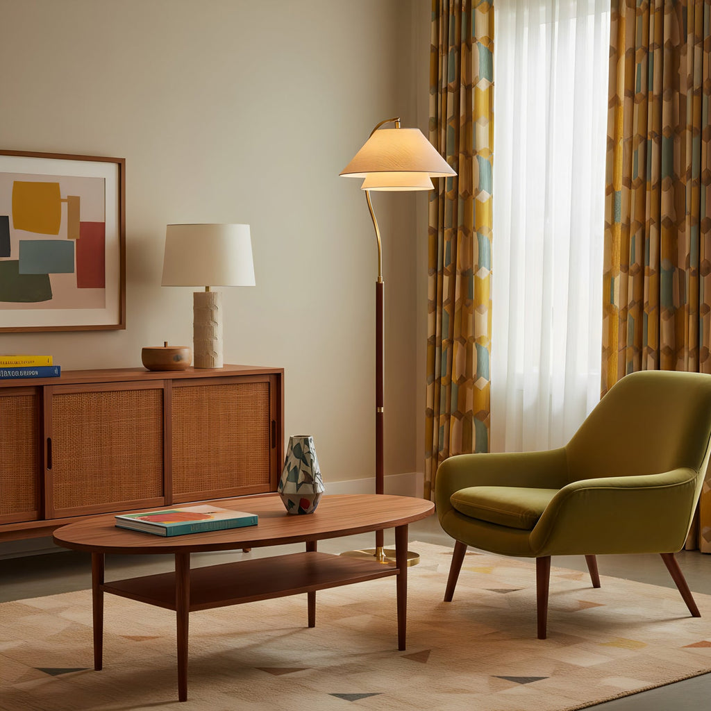 Brown floor lamp with curved arm, beige double shade and gold-tone base